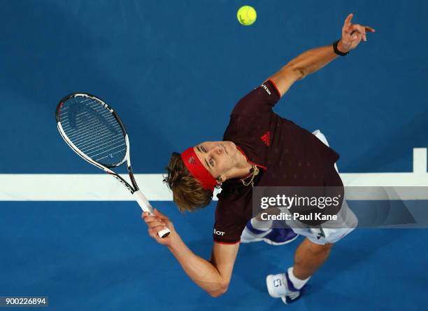 Alexander Zverev of Germany serves to David Goffin of Belgium in the mens singles match on day 3 during the 2018 Hopman Cup at Perth Arena on January...