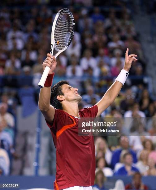 Novak Djokovic of Serbia celebrates his semi-final win against Rafael Nadal of Spain during day six of the Western & Southern Financial Group Masters...