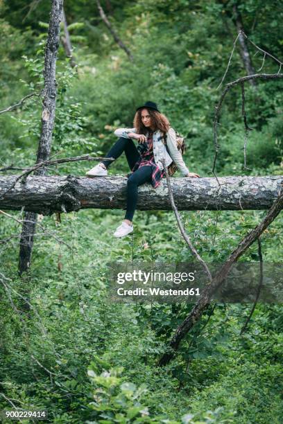 teenage girl with camera sitting on deadwood in nature - leaning tree stock pictures, royalty-free photos & images