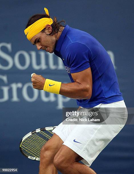 Rafael Nadal of Spain celebrates a point against Novak Djokovic of Serbia in their semi final during day six of the Western & Southern Financial...