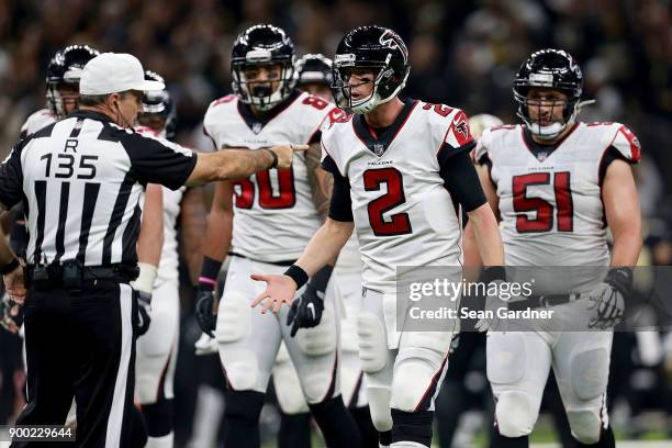 Matt Ryan of the Atlanta Falcons argues a call with referee Pete Morelli during the first half of a game against the New Orleans Saints at the...