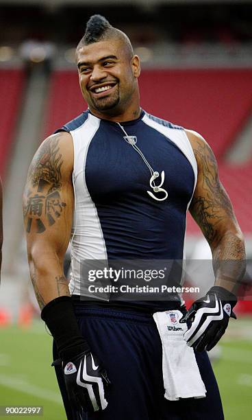 Shawne Merriman of the San Diego Chargers smiles before the game against the Arizona Cardinals at the University of Phoenix Stadium on August 22,...