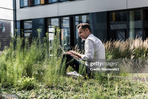 smiling businessman working in grass outside office building - tablet outside stock pictures, royalty-free photos & images