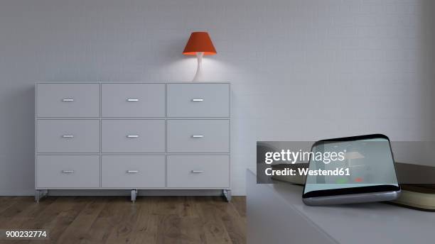 stockillustraties, clipart, cartoons en iconen met burning lamp on sideboard and smartphone with control app - buffet