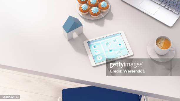 smart home app on digital tablet in office - mobile app stock illustrations