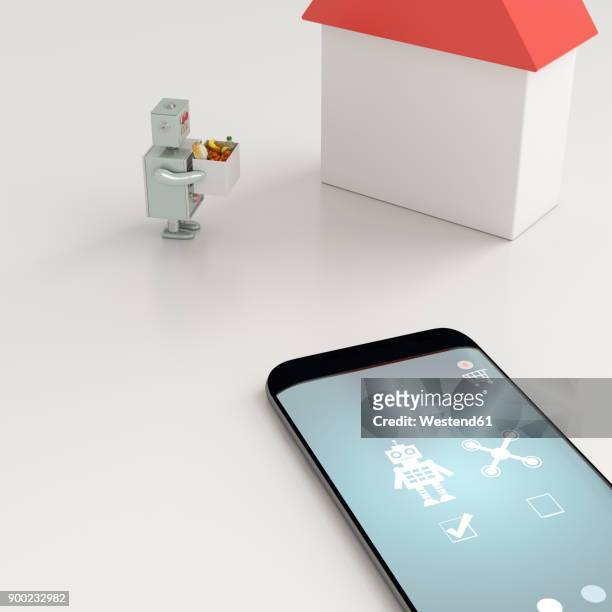 robot delivering food, ordered with smartphone app - ordering stock illustrations