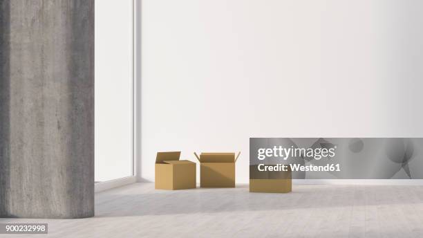 cardboard boxes in empty room - first time buying a house stock illustrations