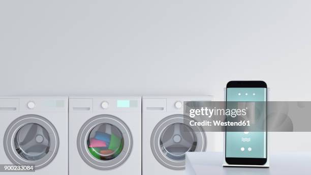 ilustrações, clipart, desenhos animados e ícones de smartphone with washing app on charging station - access control