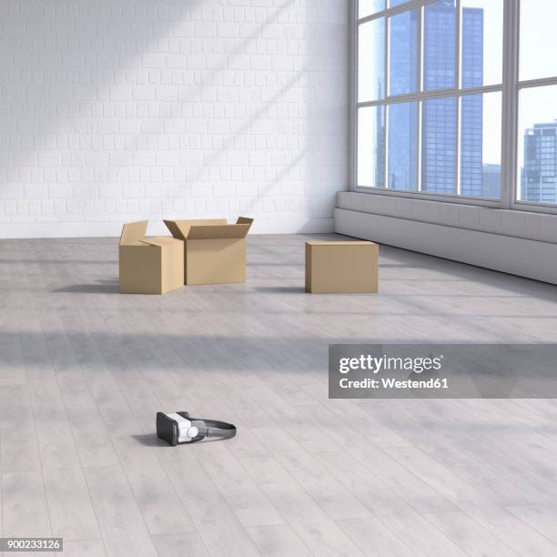 cardboard boxes and vr goggles in empty room - vr cardboard stock-grafiken, -clipart, -cartoons und -symbole