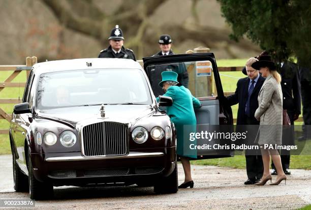 Queen Elizabeth II and Sophie, Countess of Wessex leave the Sunday service at St Mary Magdalene church on the Royal Sandringham estate in Norfolk