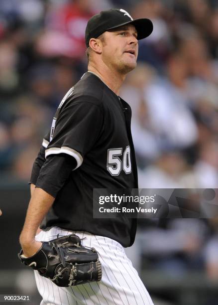 John Danks of the Chicago White Sox looks on after loading the bases in the third inning against the Baltimore Orioles on August 22, 2009 at U.S....