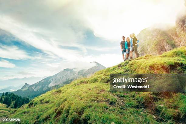 germany, bavaria, pfronten, family enjoying the view on alpine meadow near aggenstein - fun sommer berge stock-fotos und bilder