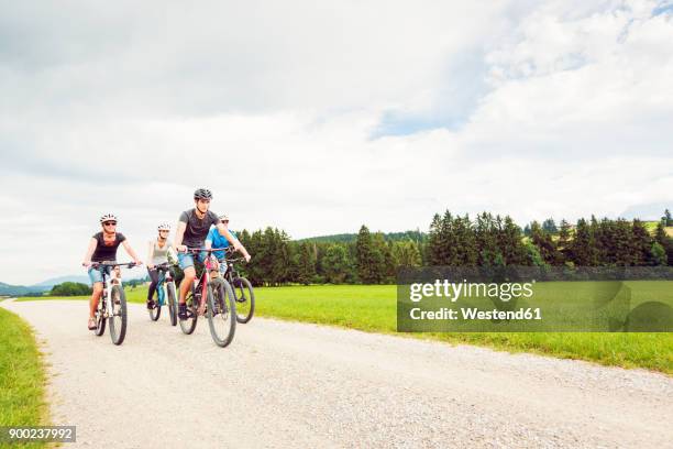 germany, bavaria, pfronten, family riding mountain bikes in the countryside - two kids with cycle stock-fotos und bilder