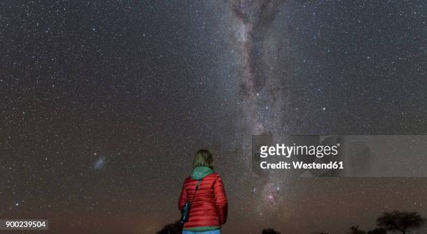 namibia, region khomas, near uhlenhorst, astrophoto, stargazing woman observing the southern cross embedded in the milky way band - southern cross stars stock pictures, royalty-free photos & images