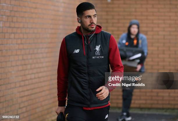 Emre Can of Liverpool arrives at the stadium prior to the Premier League match between Burnley and Liverpool at Turf Moor on January 1, 2018 in...