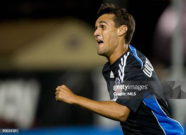 Chris Wondolowski celebrates after scoring a goal in the second half during the MLS game against Kansas City Wizards at Buck Shaw Stadium on August...