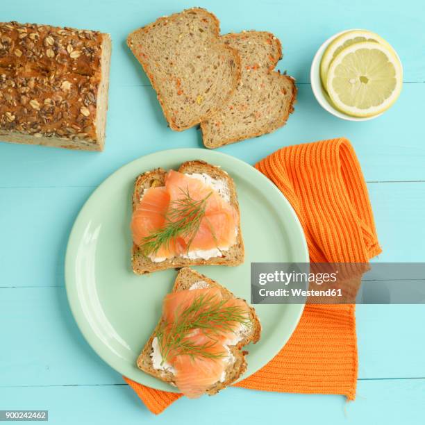 carrot bread with cream cheese and smoked salmon - smoked salmon stock pictures, royalty-free photos & images