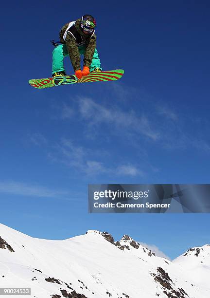Brennen Swanson of the USA competes in the men's snowboard-slopestyle during day two of the Winter Games NZ at The Remarkables on August 23, 2009 in...