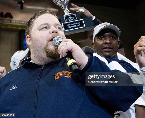 Head coach Adam Shackleford of the Spokane Shock addresses the crowd after the team's 74-27 victory over the Wilkes-Barre/Scranton Pioneers in the...