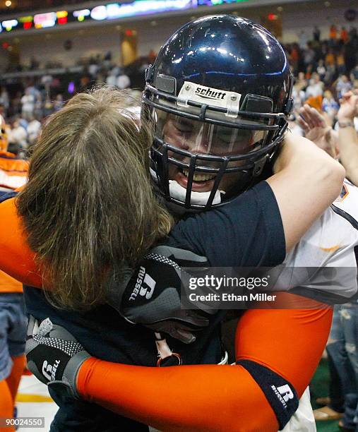 Kevin McCullough of the Spokane Shock celebrates after the team defeated the Wilkes-Barre/Scranton Pioneers 74-27 in the AFL2 ArenaCup 10 at the...