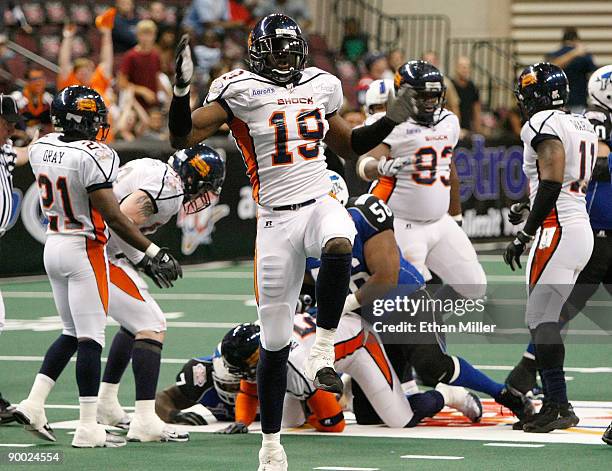 Caesar Rayford of the Spokane Shock celebrates a turnover during the team's 74-27 victory over the Wilkes-Barre/Scranton Pioneers during the AFL2...
