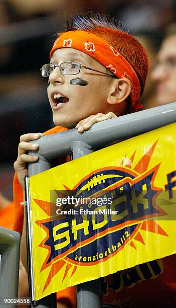 Spokane Shock fan Cooper James watches the Shock take on the Wilkes-Barre/Scranton Pioneers during the AFL2 ArenaCup 10 at the Orleans Arena August...
