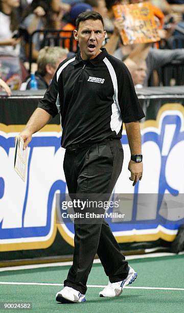 Head coach Rich Ingold of the Wilkes-Barre/Scranton Pioneers walks on the field during his team's 74-27 loss to the Spokane Shock in the AFL2...