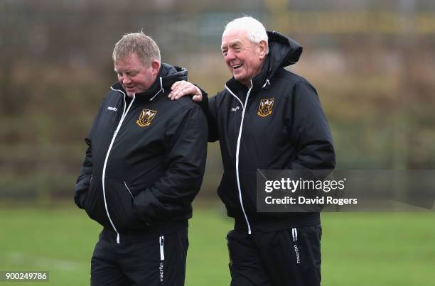 Alan Gaffney, the Northampton Saints technical coaching consultant, talks to Saints forwards coach Dorian West during his first Northampton Saints...