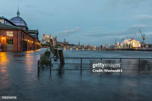 germany, hamburg, altona, high water at fish market hall - hamburger hafen stock-fotos und bilder