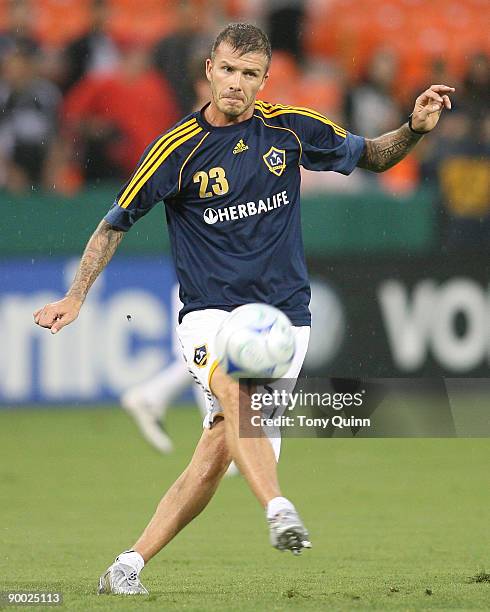 David Beckham of the Los Angeles Galaxy sends over a cross during an MLS match against D.C. United at RFK Stadium on August 22, 2009 in Washington,...