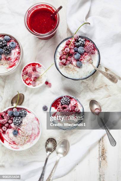 bowl of natural yoghurt with raspberry sauce and frozen fruits - raspberry coulis stock pictures, royalty-free photos & images