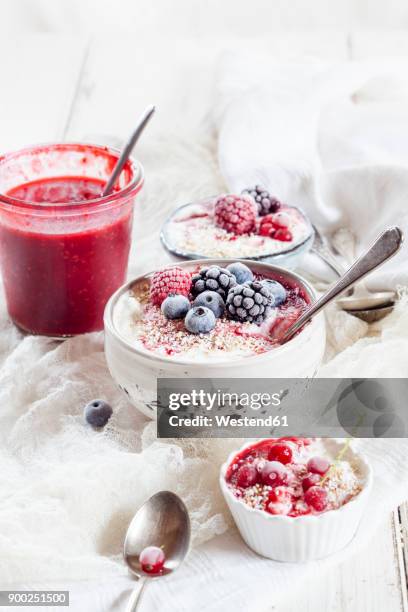 bowl of natural yoghurt with raspberry sauce and frozen fruits - raspberry coulis stock pictures, royalty-free photos & images