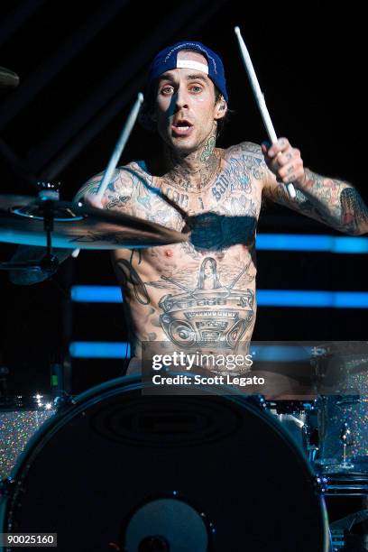 Travis Barker of Blink-182 performs at the DTE Energy Center on August 22, 2009 in Clarkston, Michigan.