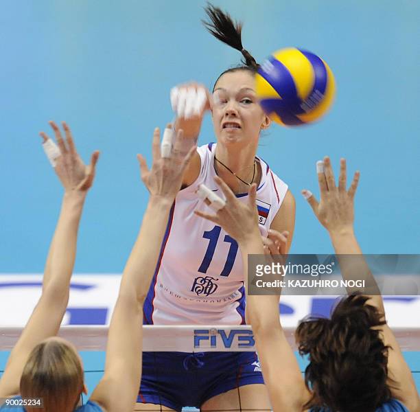 Russia's Ekaterina Gamova spikes the ball players of the Netherlands during a final round match of the World Grand Prix women's volleyball tournament...