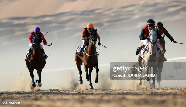 Jockeys compete in a race for purebred Arab horses during the Liwa 2018 Moreeb Dune Festival on January 1 in the Liwa desert, some 250 kilometres...