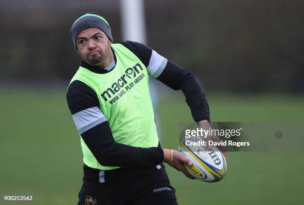 Luther Burrell runs with the ball during the Northampton Saints training session held at Franklin's Gardens on January 1, 2018 in Northampton,...