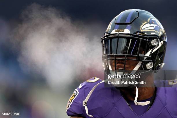 Outside Linebacker Terrell Suggs of the Baltimore Ravens looks on prior to the game against the Cincinnati Bengals at M&T Bank Stadium on December...