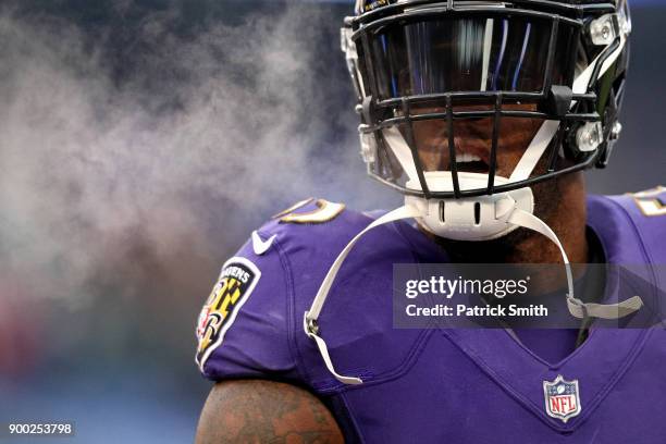 Outside Linebacker Terrell Suggs of the Baltimore Ravens looks on prior to the game against the Cincinnati Bengals at M&T Bank Stadium on December...