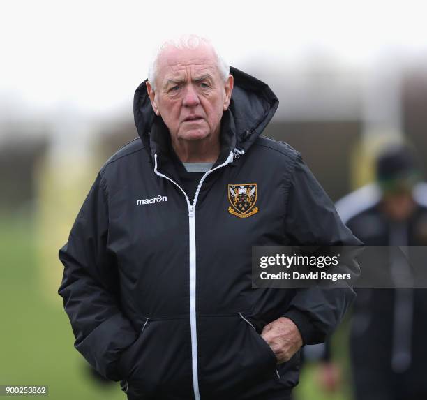 Alan Gaffney, the Northampton Saints technical coaching consultant, looks on during his first Northampton Saints training session held at Franklin's...