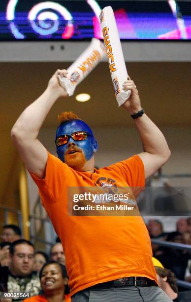 Spokane Shock fan Dan Bauge celebrates after the Shock scored a touchdown against the Wilkes-Barre/Scranton Pioneers during the AFL2 ArenaCup 10 at...