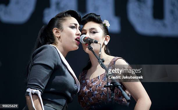 Daisy Durham and Kitty Durham of the English country rock band Kitty Daisy & Lewis perform live during a concert supporting The BossHoss at the...