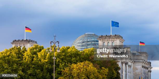 germany, berlin, berlin-tiergarten, reichstag building with flags - bundestag - fotografias e filmes do acervo