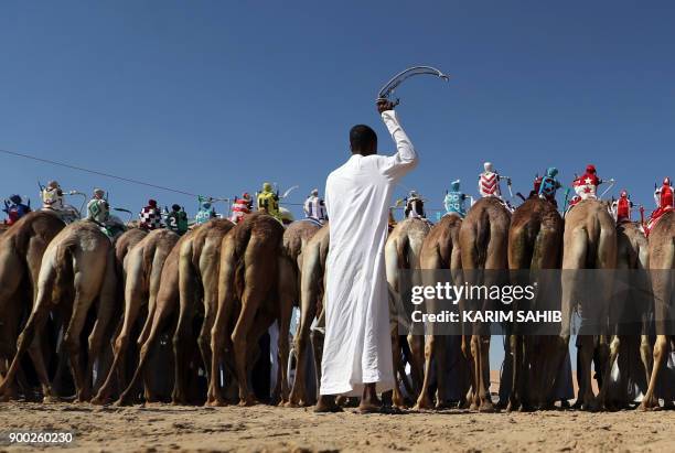 Camels race during the Liwa 2018 Moreeb Dune Festival on January 1 in the Liwa desert, some 250 kilometres west of the Gulf emirate of Abu Dhabi. /...