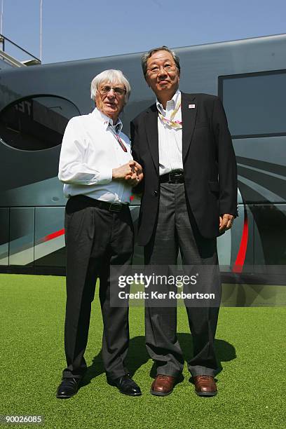 Supremo Bernie Ecclestone with Mr Hiroshi Oshima, President of Mobilityland Corporation during the European Formula One Grand Prix at the Valencia...