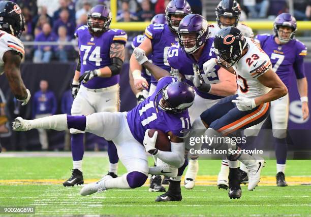 Minnesota Vikings wide receiver Laquon Treadwell is taken down by Chicago Bears Cornerback Kyle Fuller during a NFL game between the Minnesota...