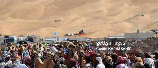 Handlers prepare camels to race during the Liwa 2018 Moreeb Dune Festival on January 1 in the Liwa desert, some 250 kilometres west of the Gulf...
