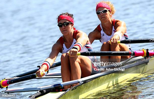 Ellen Tomek and Megan Kalmoe of USA compete in the Women's Double Skulls during day one of The World Rowing Championships on August 23, 2009 in...