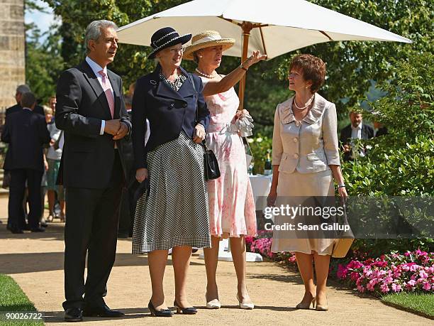 Saxony Governor Stanislaw Tillich, Queen Margrethe II of Denmark, her sister Danish Princess Benedikte and Tliich's wife Veronika attend a luncheon...
