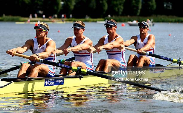 Great Britain crew of Matthew Langridge, Alex Gregory, Richard Edington and Alex Partridge compete in the Men's Four during day one of The World...