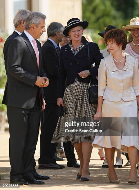 Saxony Governor Stanislaw Tillich, Queen Margrethe II of Denmark and Tliich's wife Veronika attend a luncheon at Eckberg Palace on August 23, 2009 in...